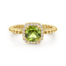 Promise Ring - 14K Yellow Gold Cushion Cut Peridot and Diamond Halo Ring - 0.1 ct
