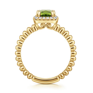 Promise Ring - 14K Yellow Gold Cushion Cut Peridot and Diamond Halo Ring