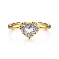 Promise Ring - 14K Yellow Gold Diamond Pave Open Heart Ring