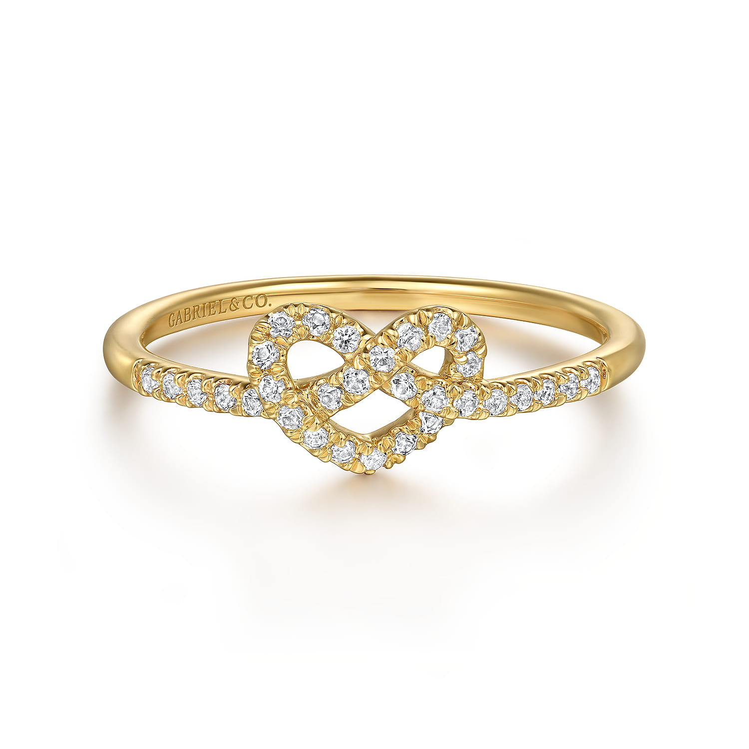 Promise Ring - 14K Yellow Gold Diamond Pretzel Love Knot Heart Promise Ring - 0.16 ct - Shot 1