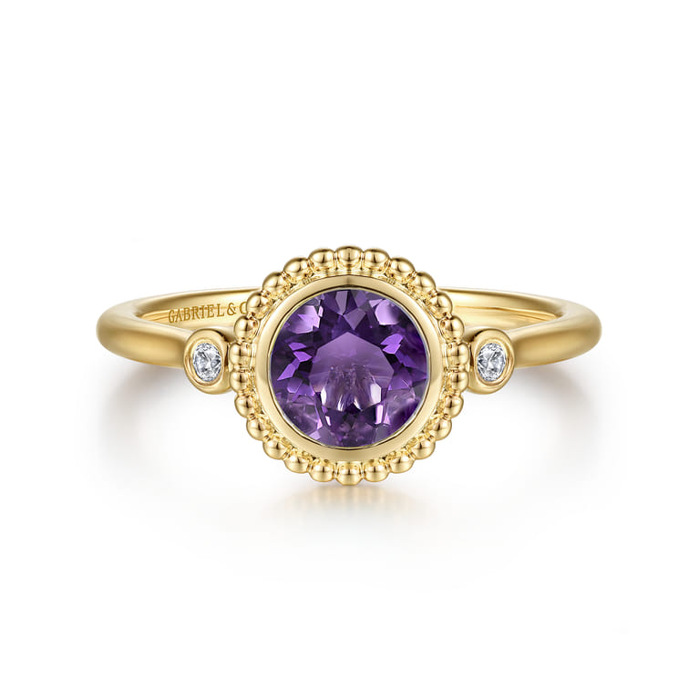 Promise Ring - 14K Yellow Gold Diamond and Amethyst Bujukan Promise Ring - 0.03 ct - Shot 1