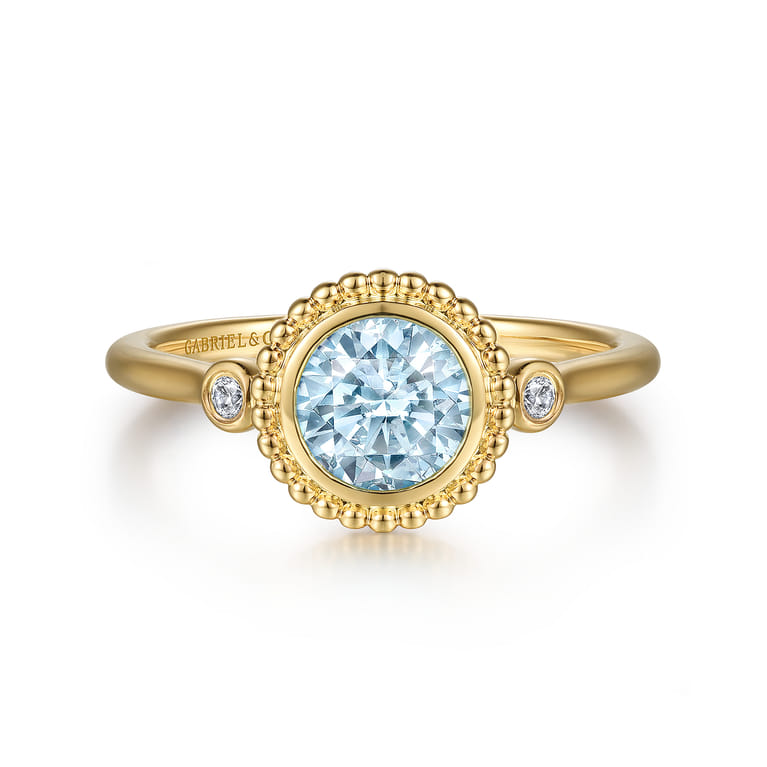 Promise Ring - 14K Yellow Gold Diamond and Aquamarine Bujukan Promise Ring - 0.03 ct - Shot 1