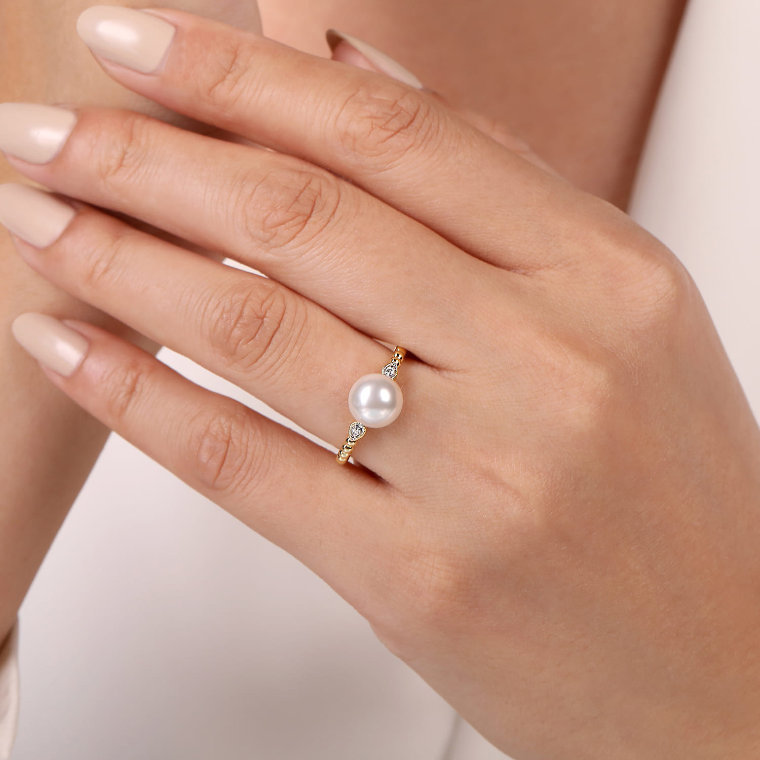Promise Ring - 14K Yellow Gold Diamond and Pearl Bujukan Ring