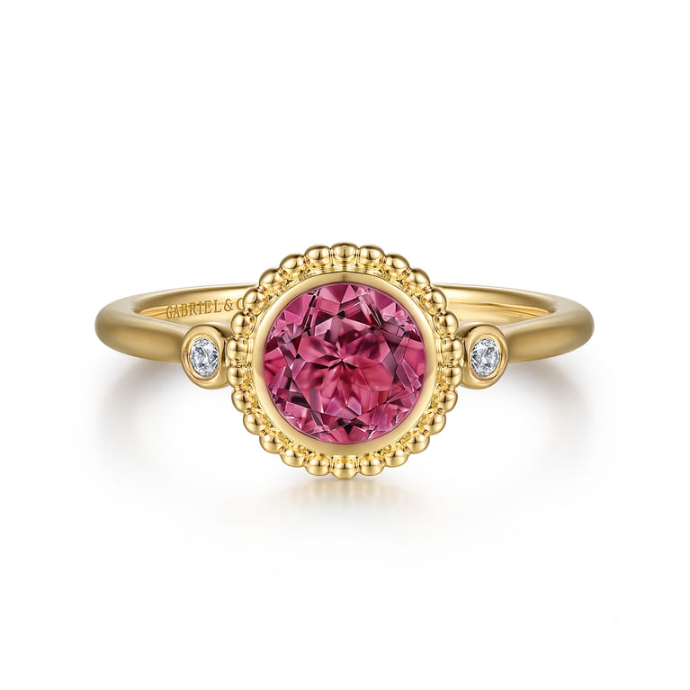 Promise Ring - 14K Yellow Gold Diamond and Pink Tourmaline Bujukan Promise Ring - 0.03 ct - Shot 1