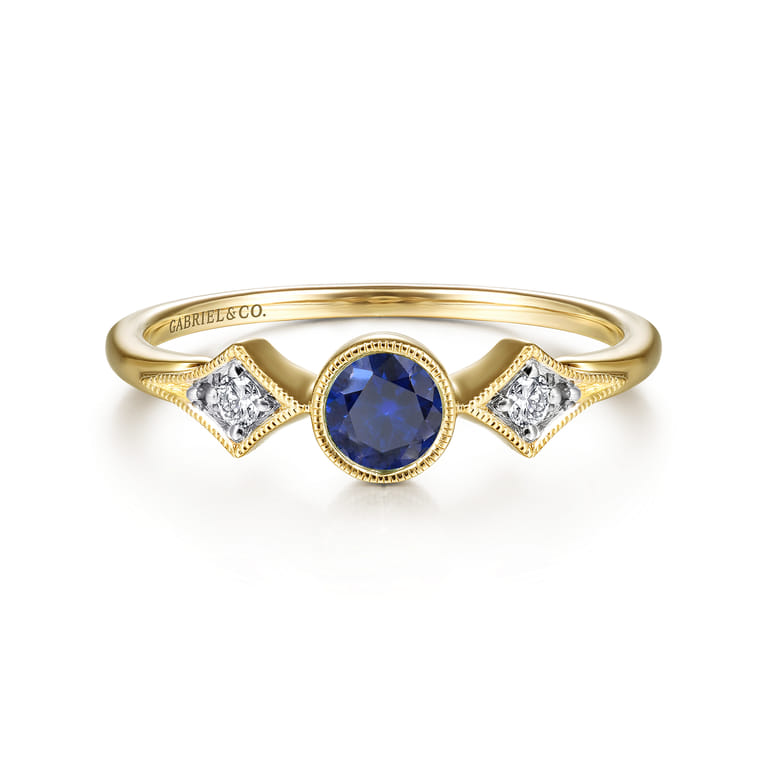 Promise Ring - 14K Yellow Gold Diamond and Sapphire 3 Stone Promise Ring - 0.05 ct - Shot 1
