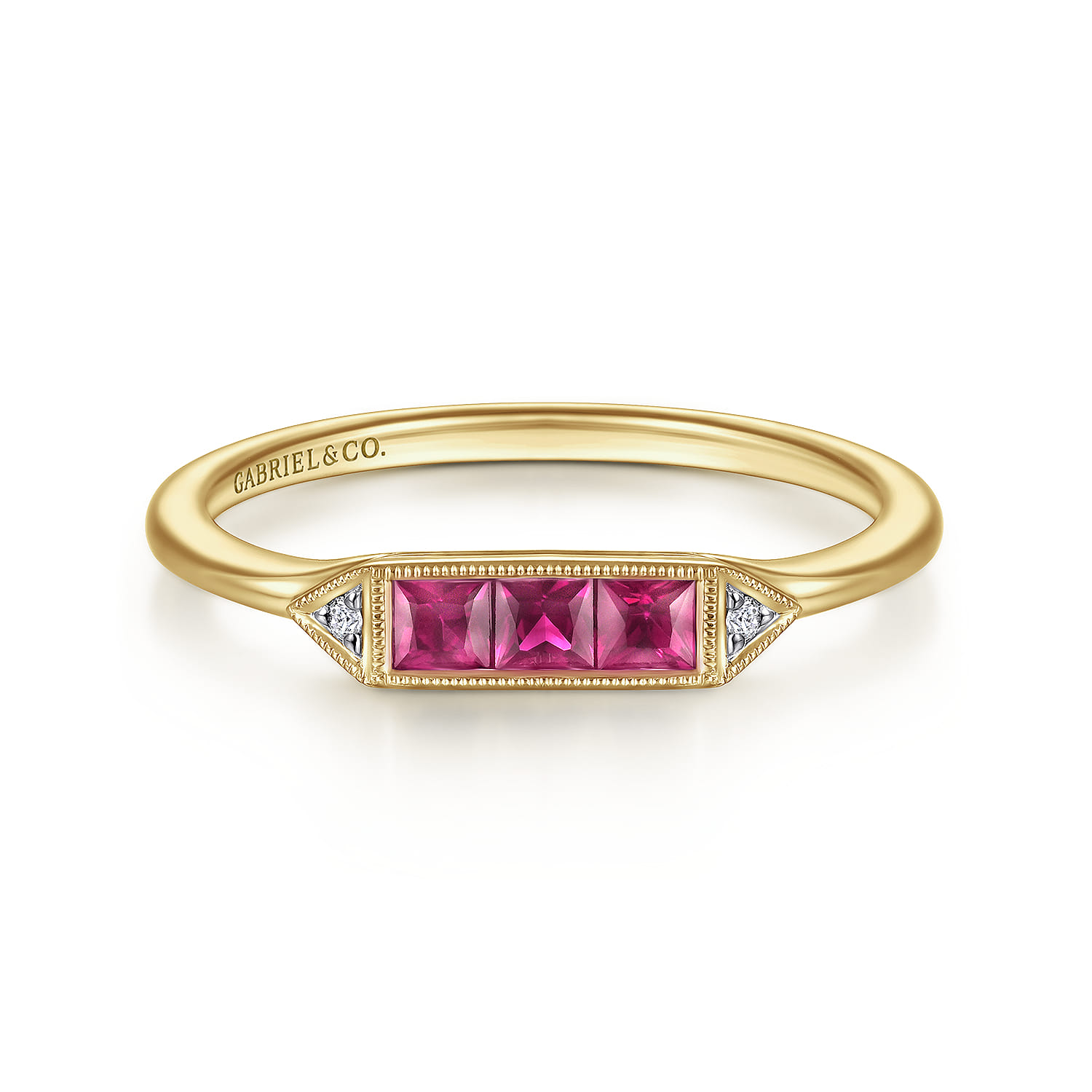 Promise Ring - 14K Yellow Gold Diamond and Trio Princess Cut Ruby Stackable Promise Ring - 0.01 ct - Shot 1