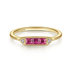 Promise Ring - 14K Yellow Gold Diamond and Trio Princess Cut Ruby Stackable Promise Ring