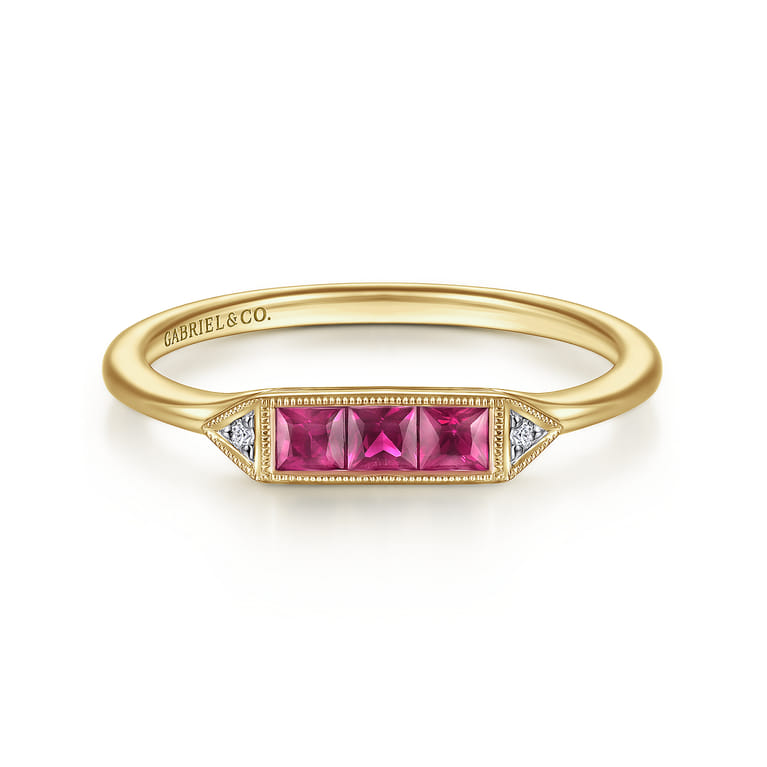 Promise Ring - 14K Yellow Gold Diamond and Trio Princess Cut Ruby Stackable Promise Ring - 0.01 ct - Shot 1