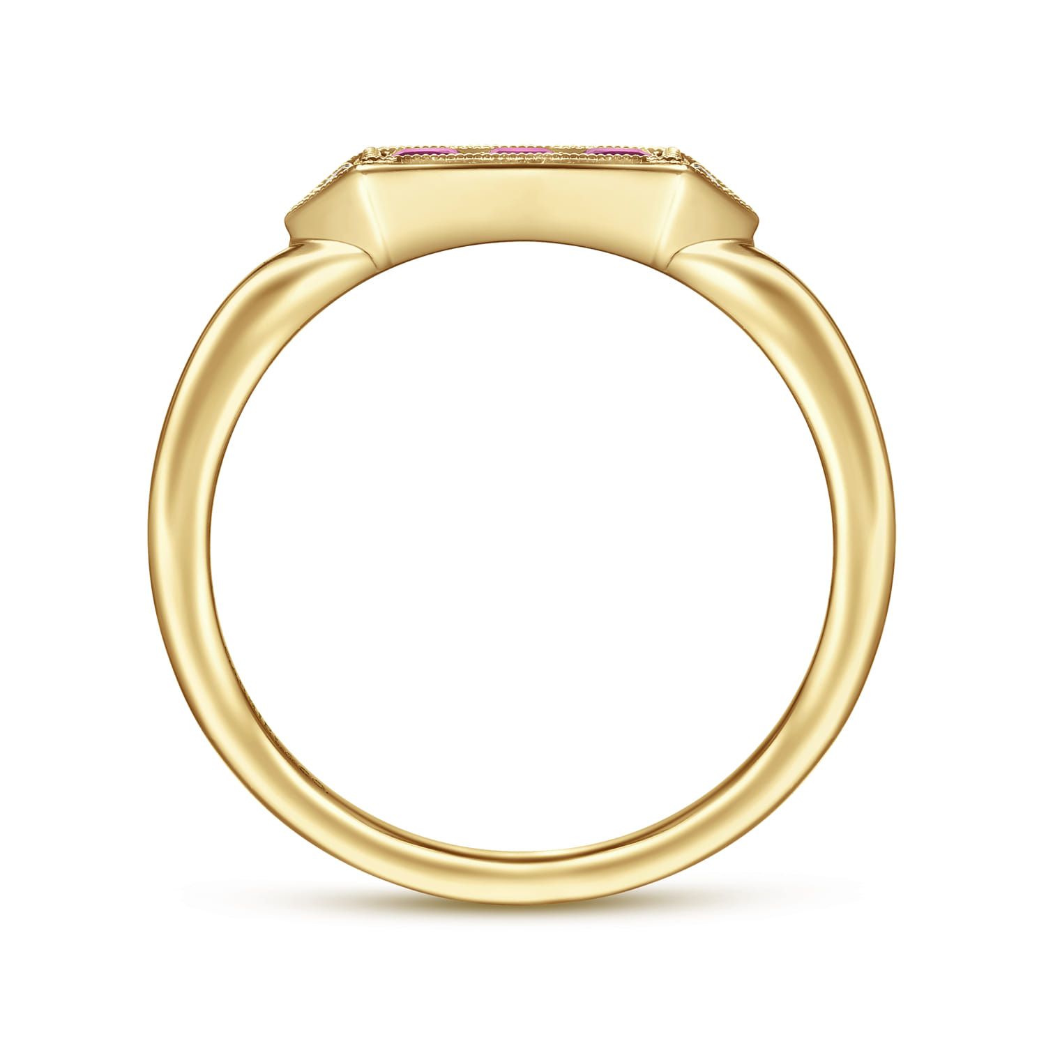 Promise Ring - 14K Yellow Gold Diamond and Trio Princess Cut Ruby Stackable Promise Ring - 0.01 ct - Shot 2