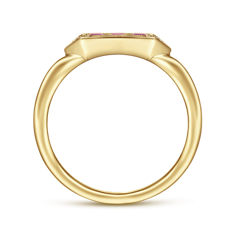 Promise Ring - 14K Yellow Gold Diamond and Trio Princess Cut Ruby Stackable Promise Ring - 0.01 ct - Shot 2