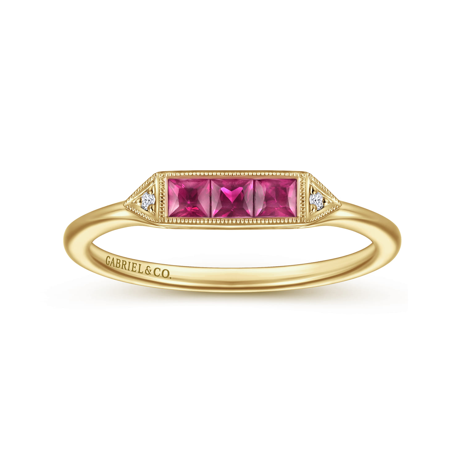 Promise Ring - 14K Yellow Gold Diamond and Trio Princess Cut Ruby Stackable Promise Ring - 0.01 ct - Shot 4