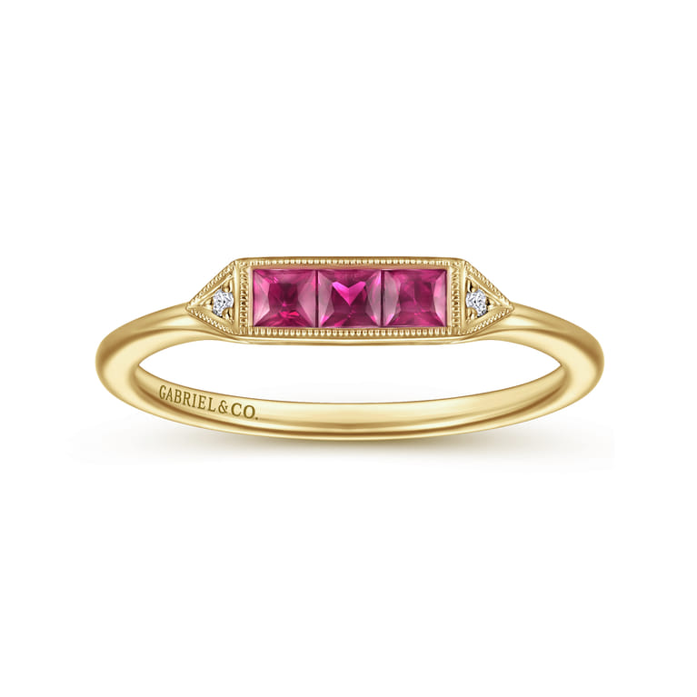 Promise Ring - 14K Yellow Gold Diamond and Trio Princess Cut Ruby Stackable Promise Ring - 0.01 ct - Shot 4