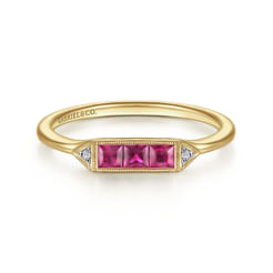 Promise Ring - 14K Yellow Gold Diamond and Trio Princess Cut Ruby Stackable Ring