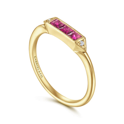 Promise Ring - 14K Yellow Gold Diamond and Trio Princess Cut Ruby Stackable Ring