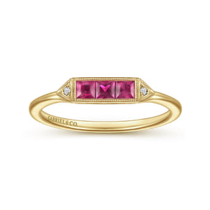 Promise Ring - 14K Yellow Gold Diamond and Trio Princess Cut Ruby Stackable Ring