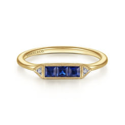 Promise Ring - 14K Yellow Gold Diamond and Trio Princess Cut Sapphire Ladies Ring