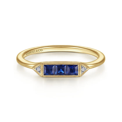 Promise Ring - 14K Yellow Gold Diamond and Trio Princess Cut Sapphire Ladies Ring
