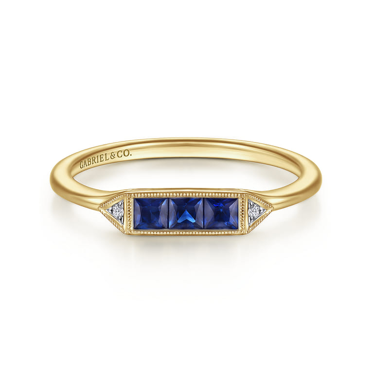 Promise Ring - 14K Yellow Gold Diamond and Trio Princess Cut Sapphire Promise Ring - 0.01 ct - Shot 1