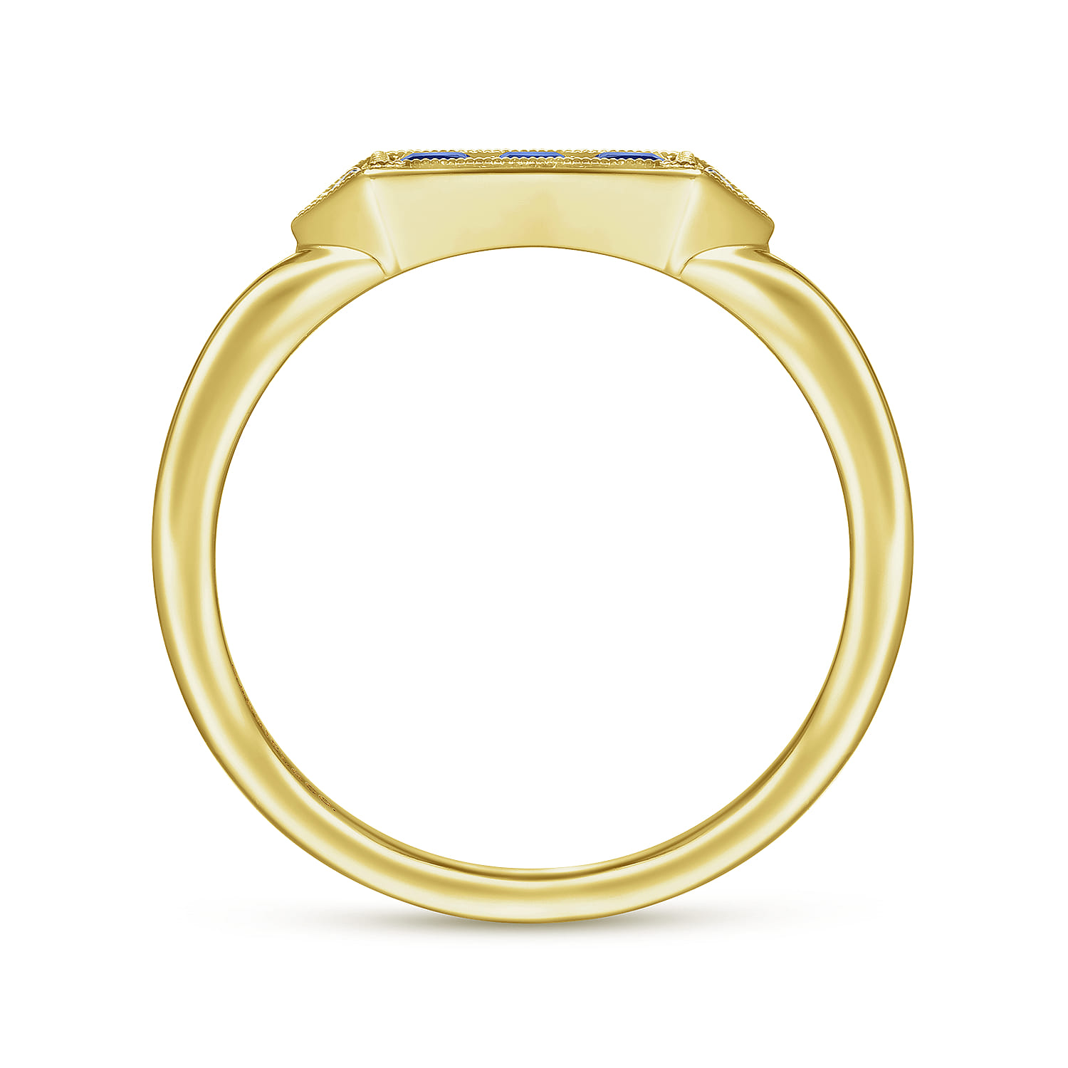 Promise Ring - 14K Yellow Gold Diamond and Trio Princess Cut Sapphire Promise Ring - 0.01 ct - Shot 2