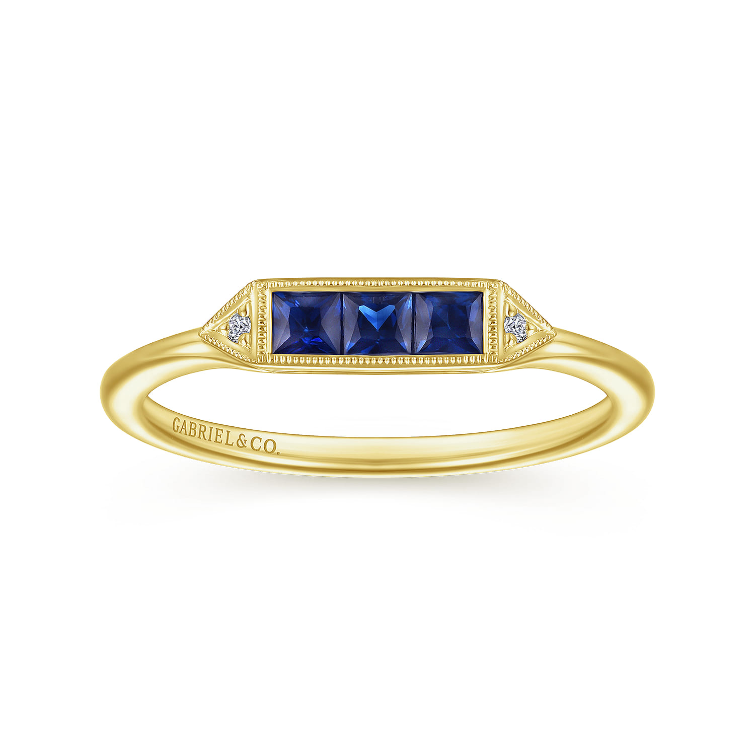 Promise Ring - 14K Yellow Gold Diamond and Trio Princess Cut Sapphire Promise Ring - 0.01 ct - Shot 4