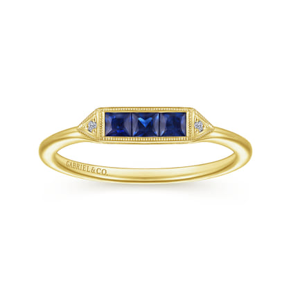Promise Ring - 14K Yellow Gold Diamond and Trio Princess Cut Sapphire Promise Ring