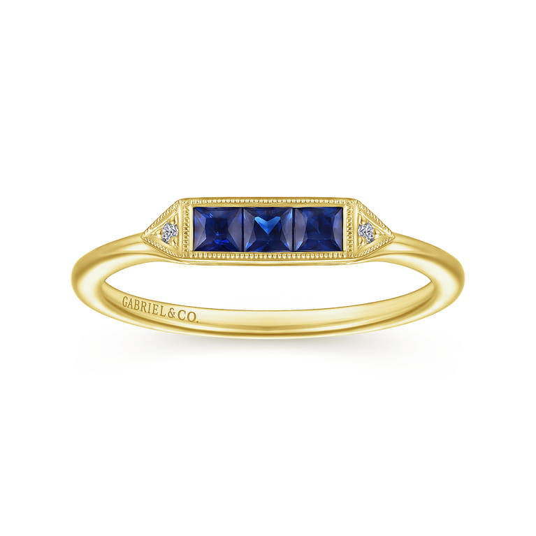 Promise Ring - 14K Yellow Gold Diamond and Trio Princess Cut Sapphire Promise Ring - 0.01 ct - Shot 4