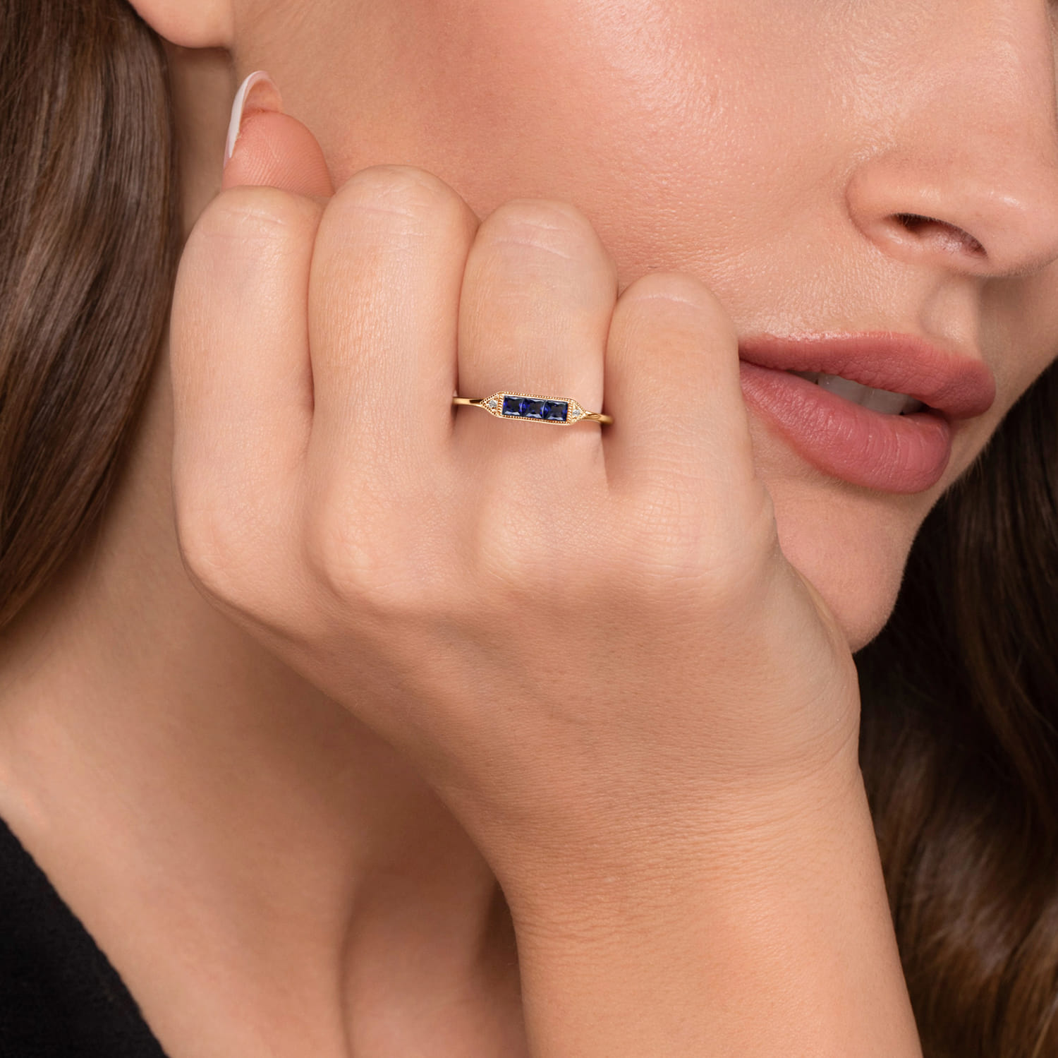 Promise Ring - 14K Yellow Gold Diamond and Trio Princess Cut Sapphire Promise Ring - 0.01 ct - Shot 5