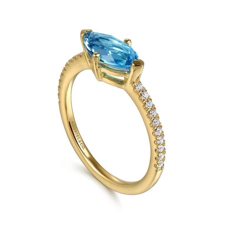 Promise Ring - 14K Yellow Gold East West Marquise Blue Topaz and Diamond Promise Ring - 0.12 ct - Shot 3