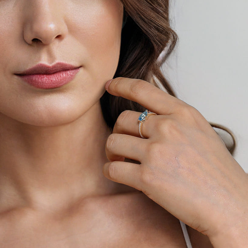 Promise Ring - 14K Yellow Gold East West Marquise Blue Topaz and Diamond Promise Ring