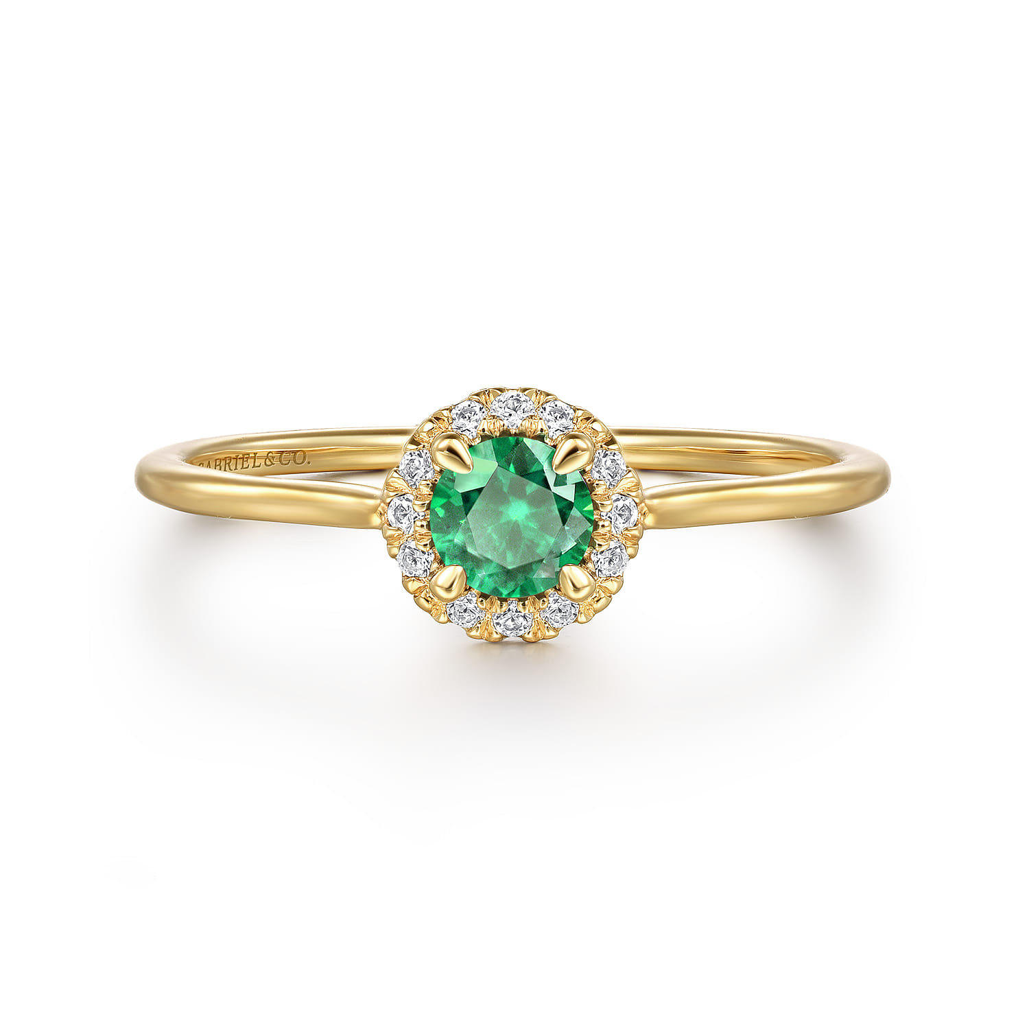 Promise Ring - 14K Yellow Gold Emerald and Diamond Halo Promise Ring