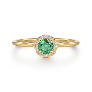 Promise Ring - 14K Yellow Gold Emerald and Diamond Halo Promise Ring