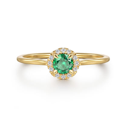 Promise Ring - 14K Yellow Gold Emerald and Diamond Halo Promise Ring