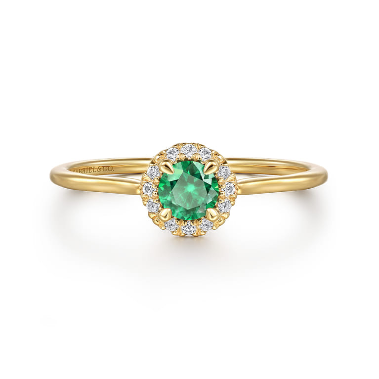 Promise Ring - 14K Yellow Gold Emerald and Diamond Halo Promise Ring - 0.06 ct - Shot 1