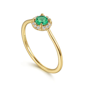 Promise Ring - 14K Yellow Gold Emerald and Diamond Halo Promise Ring