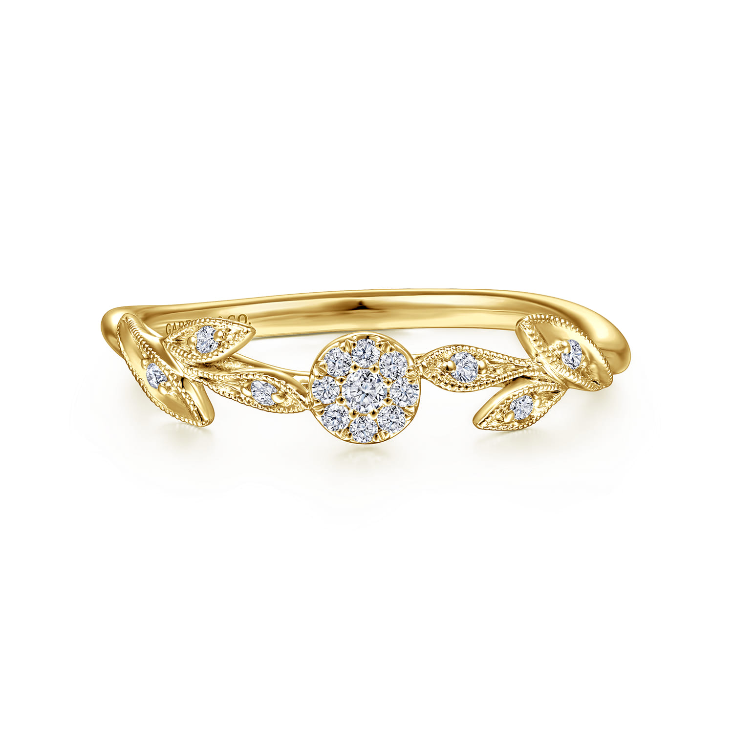 Promise Ring - 14K Yellow Gold Floral Diamond Stackable Promise Ring - 0.1 ct - Shot 1