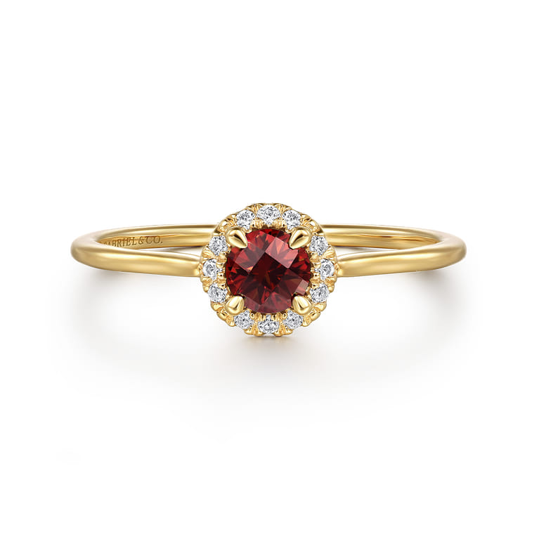 Promise Ring - 14K Yellow Gold Garnet and Diamond Halo Promise Ring - 0.06 ct - Shot 1