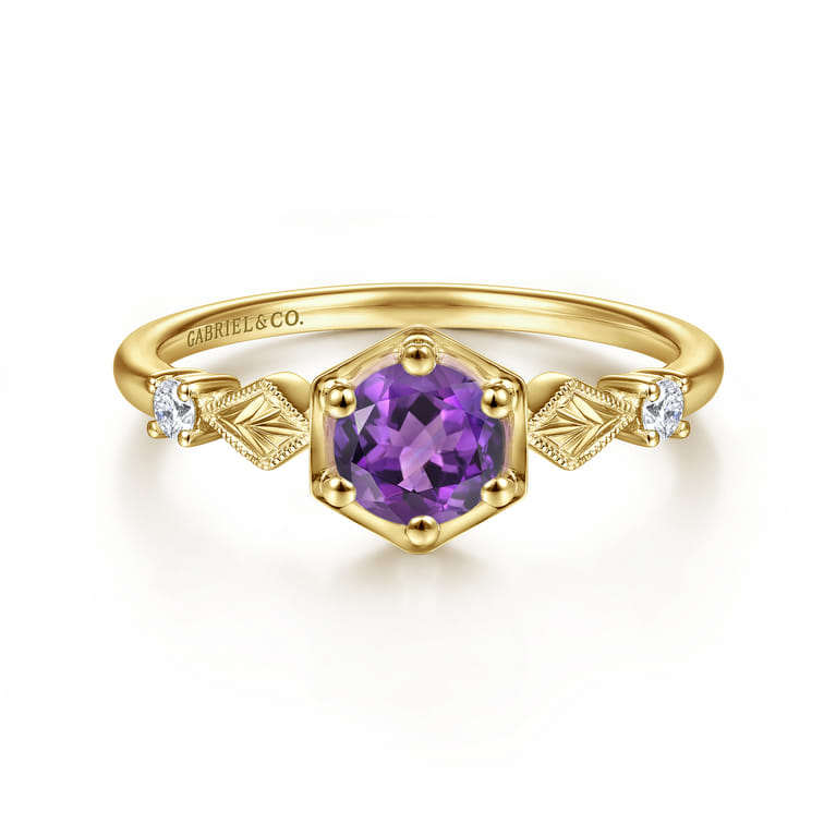 Promise Ring - 14K Yellow Gold Hexagonal Amethyst Diamond Promise Ring - 0.06 ct - Shot 1