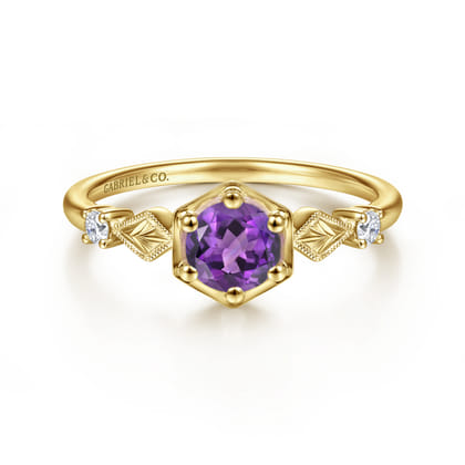 Promise Ring - 14K Yellow Gold Hexagonal Amethyst Diamond Ring