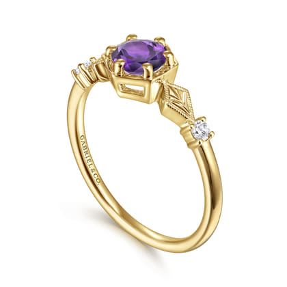 Promise Ring - 14K Yellow Gold Hexagonal Amethyst Diamond Ring