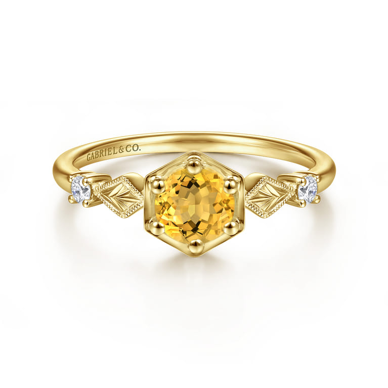 Promise Ring - 14K Yellow Gold Hexagonal Citrine Diamond Promise Ring - 0.06 ct - Shot 1