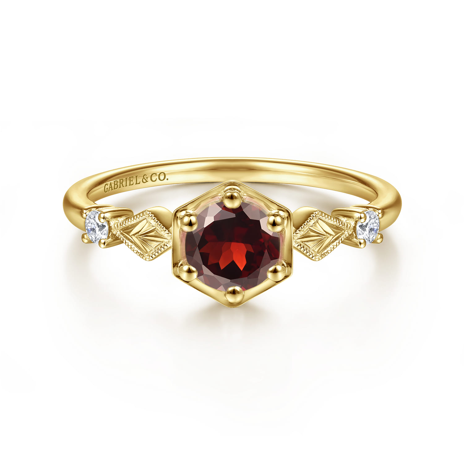 Promise Ring - 14K Yellow Gold Hexagonal Garnet Diamond Promise Ring - 0.06 ct - Shot 1