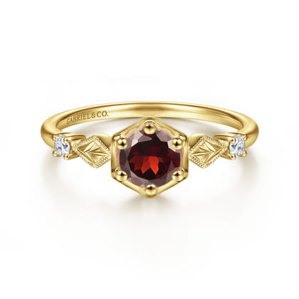 Promise Ring - 14K Yellow Gold Hexagonal Garnet Diamond Promise Ring