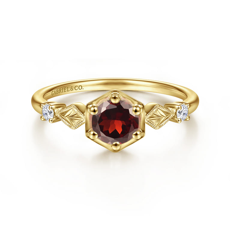 Promise Ring - 14K Yellow Gold Hexagonal Garnet Diamond Promise Ring - 0.06 ct - Shot 1
