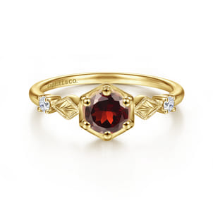 Promise Ring - 14K Yellow Gold Hexagonal Garnet Diamond Ring