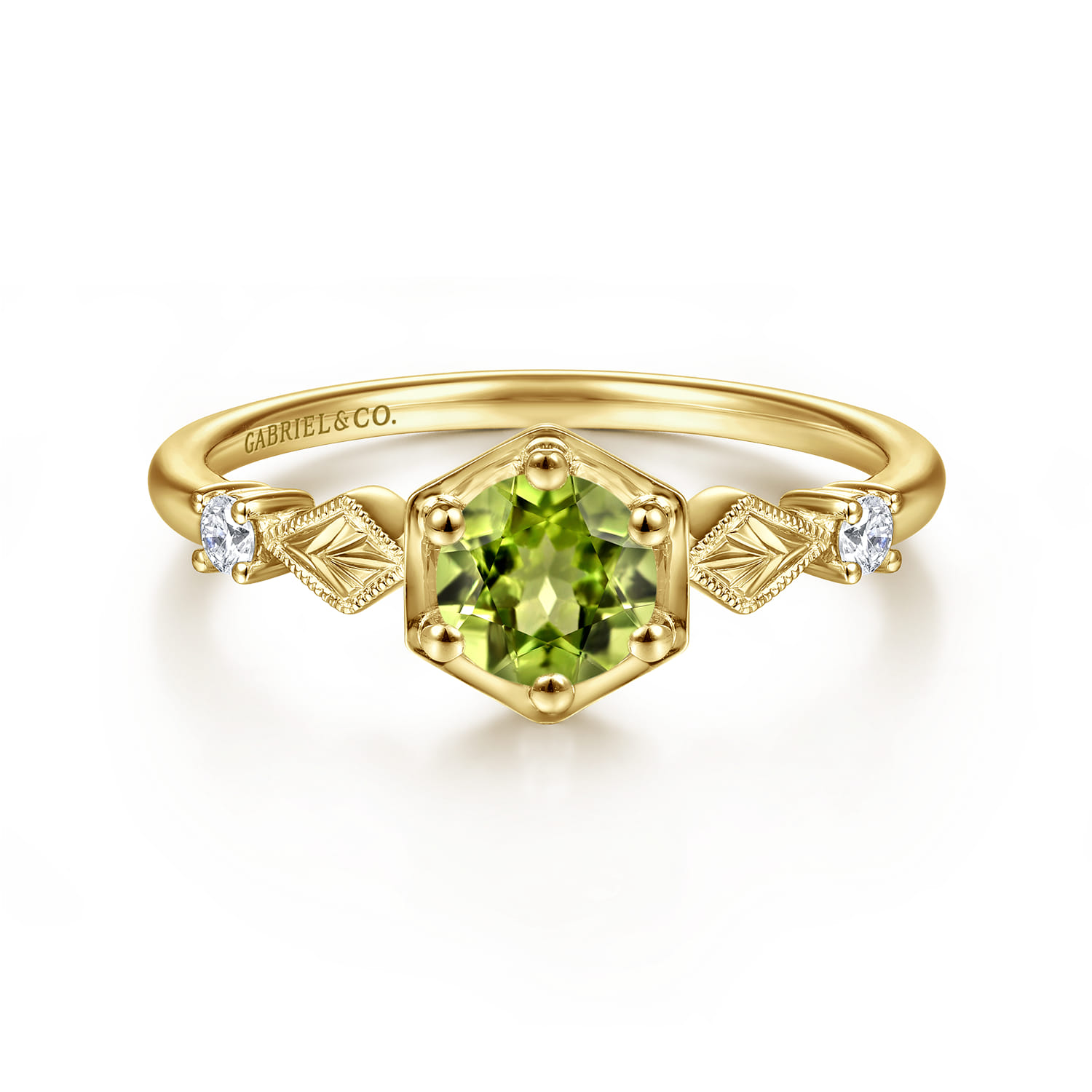 Promise Ring - 14K Yellow Gold Hexagonal Peridot Diamond Promise Ring - 0.06 ct - Shot 1