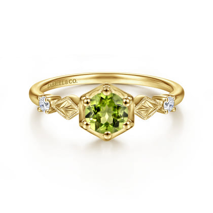 Promise Ring - 14K Yellow Gold Hexagonal Peridot Diamond Promise Ring