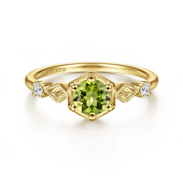 Promise Ring - 14K Yellow Gold Hexagonal Peridot Diamond Promise Ring - 0.06 ct - Shot 1