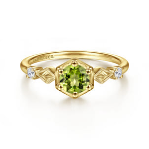 Promise Ring - 14K Yellow Gold Hexagonal Peridot Diamond Ring