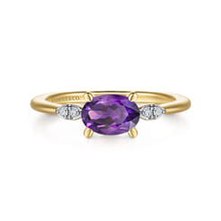 Promise Ring - 14K Yellow Gold Oval Amethyst and Diamond Promise Ring