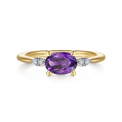 Promise Ring - 14K Yellow Gold Oval Amethyst and Diamond Ring
